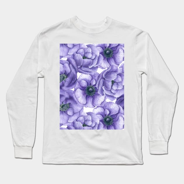 Violet anemone flowers watercolor pattern Long Sleeve T-Shirt by katerinamk